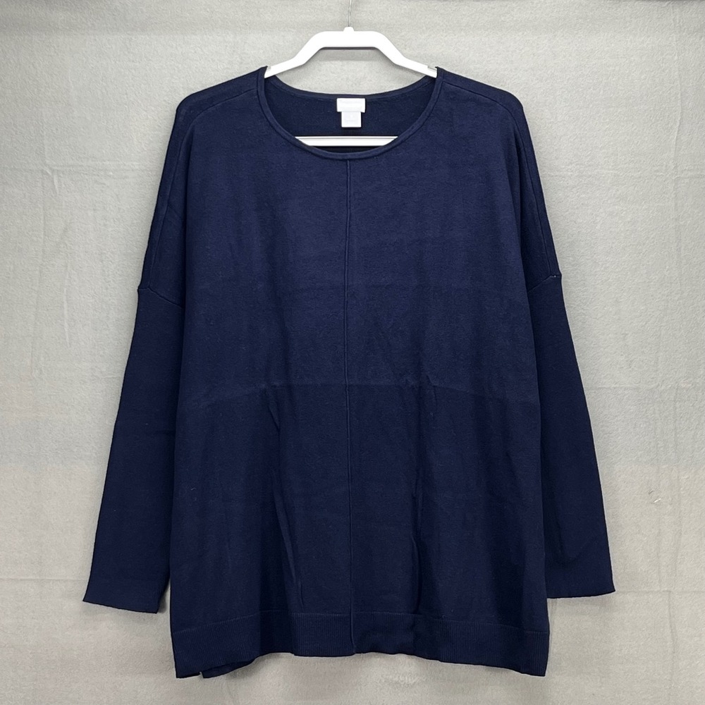 Chicos Front Seam Pullover Sweater Navy Cotton Cashmere Blend Sz 3 XL 16-18